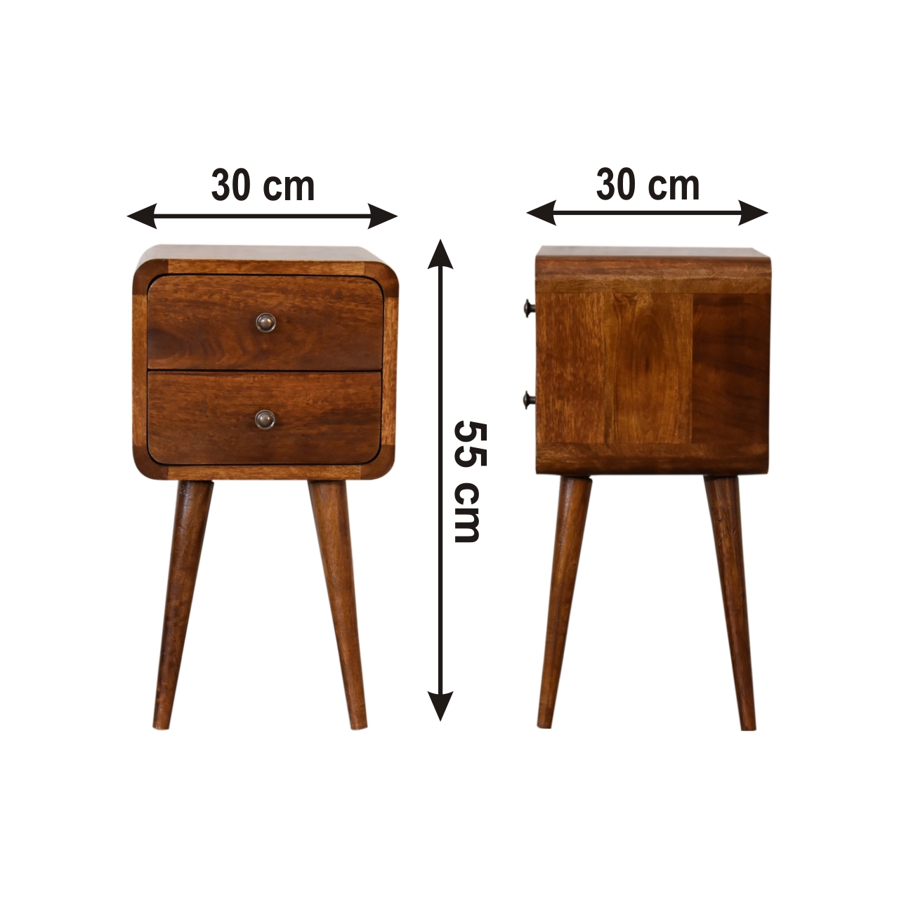 Size chart for Mini Chestnut Curved Bedside Table
