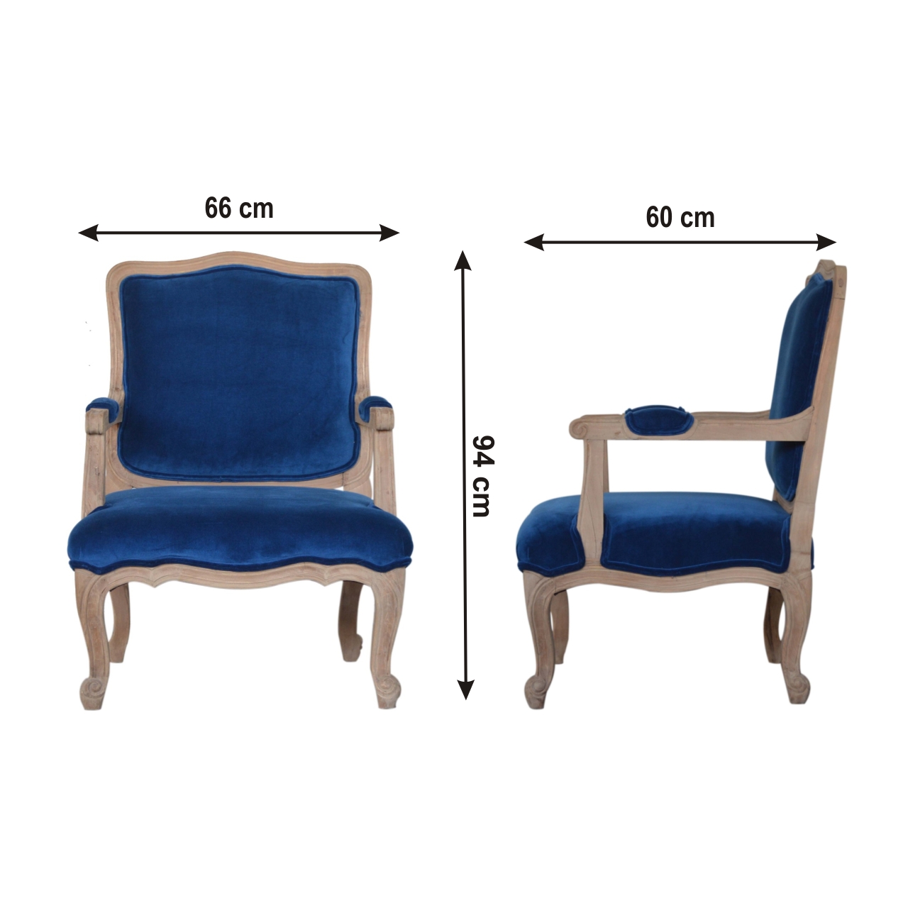 Size chart for Royal Blue Velvet French Chair | Cotton Velvet Hand-Carved