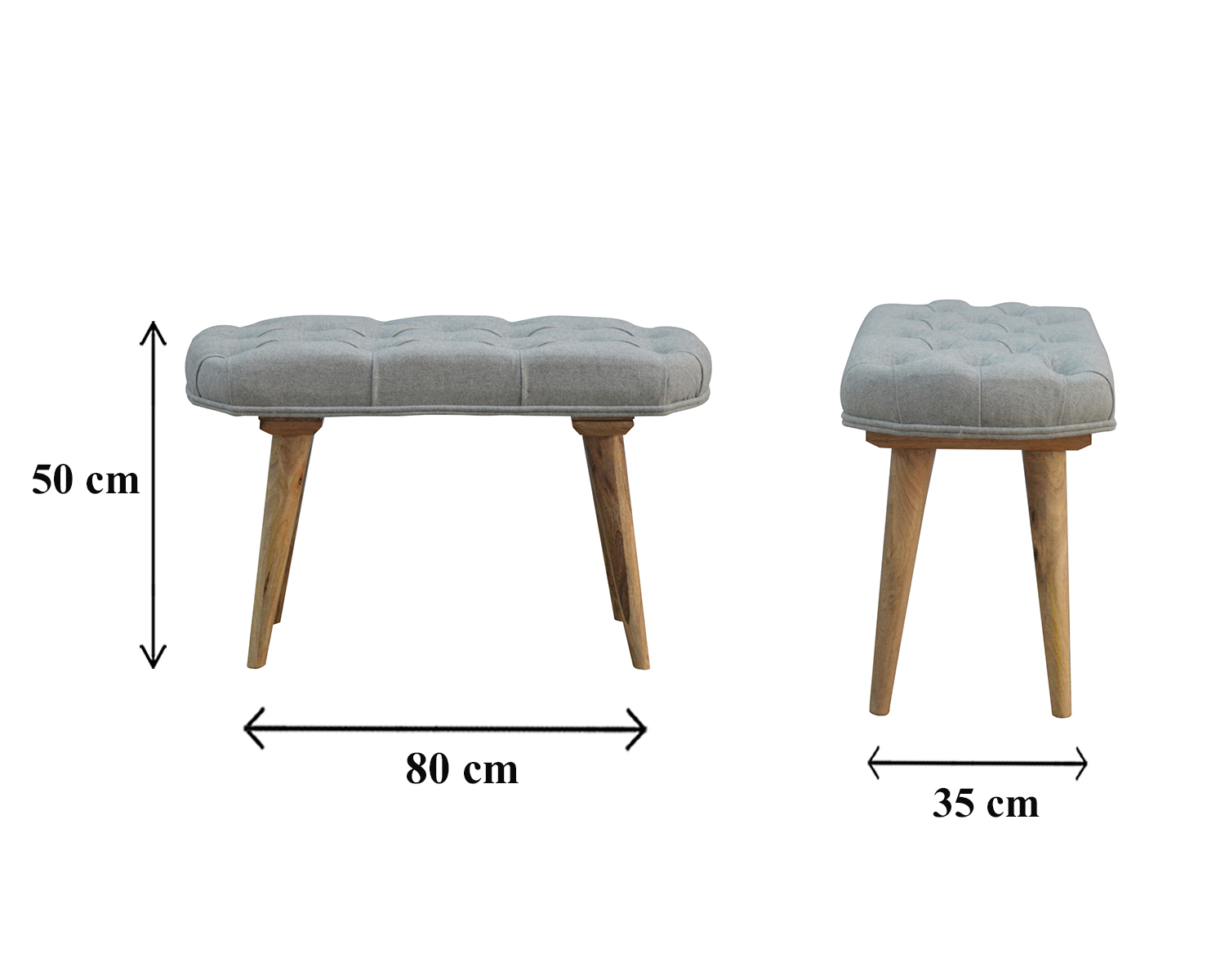 Size chart for Deep Button Grey Tweed Bench