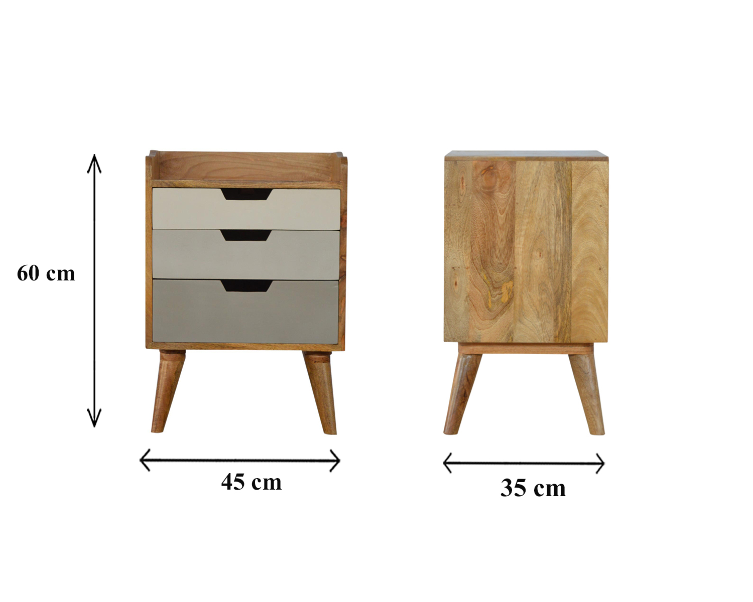 Size chart for Grey and White Gradient Bedside Table | Oak-Ish Mango Wood