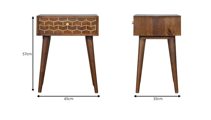 Size chart for Gold Art Pattern Bedside Table | Chestnut Solid Mango Wood