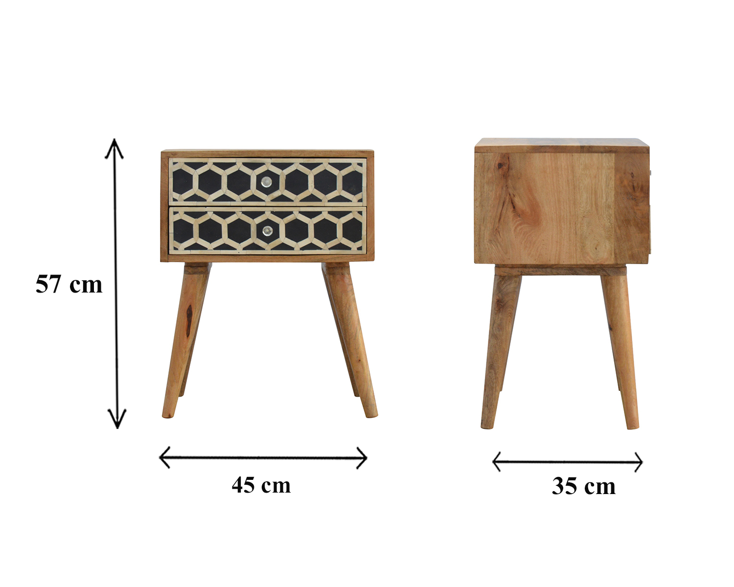 Size chart for Bone Inlay Bedside with 2 Drawers