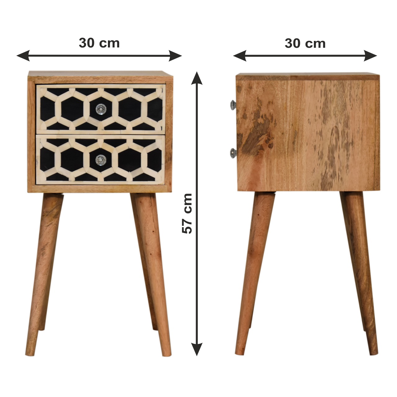 Size chart for Mini Bone Inlay 2 Drawer Bedside
