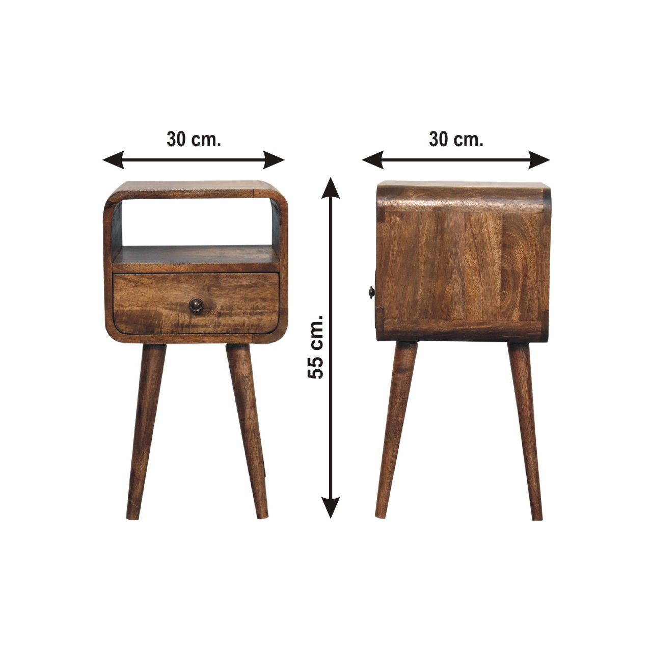 Size chart for Mini Grey Wash Curve Open Bedside Table