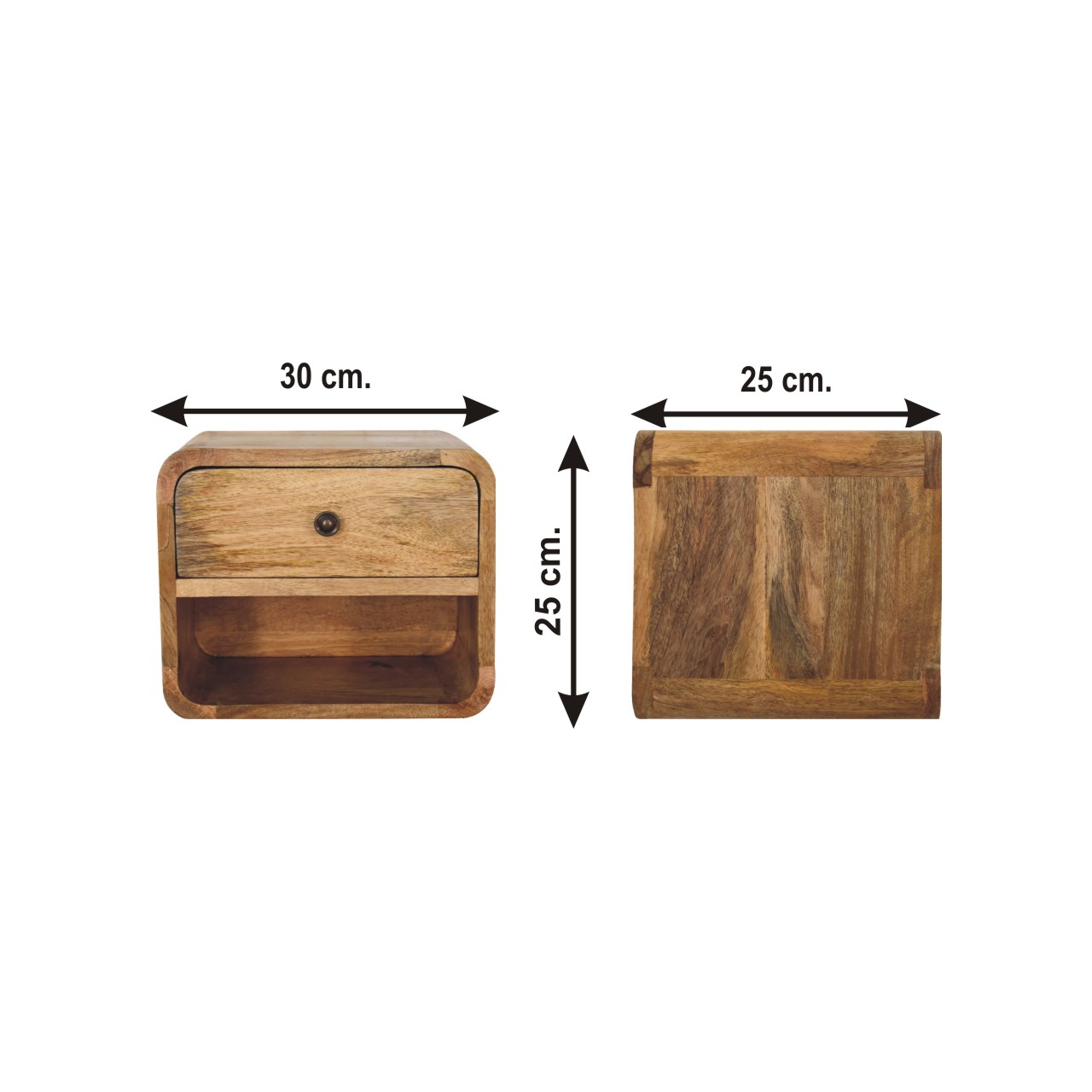 Size chart for Mini Oak-ish Floating Open Bedside