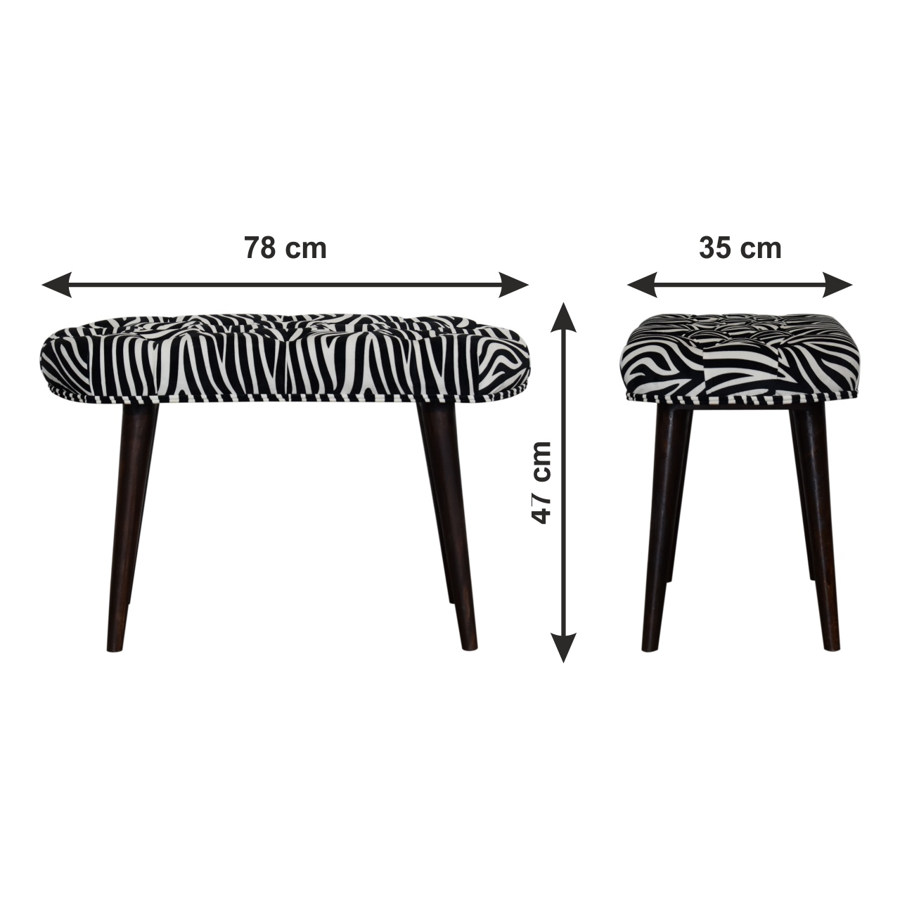 Size chart for Zebra Print Deep Button Bench | Cotton Velvet