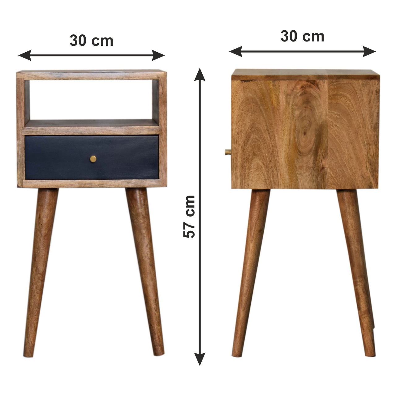 Size chart for Mini Navy Blue Hand Painted Bedside Table | Open Shelf