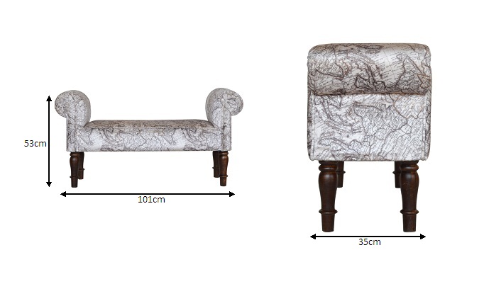 Size chart for Map Printed Bedroom Bench
