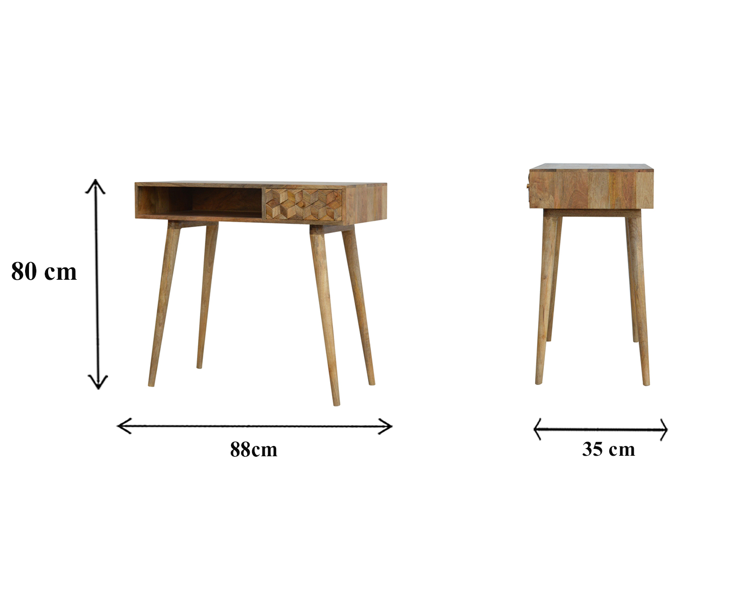Size chart for Cube Carved Writing Desk | Oak Mango Wood Hand-Carved