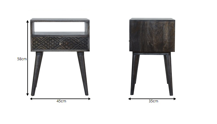 Size chart for Ash Black Carved Drawer Bedside Table | Hand-Carved