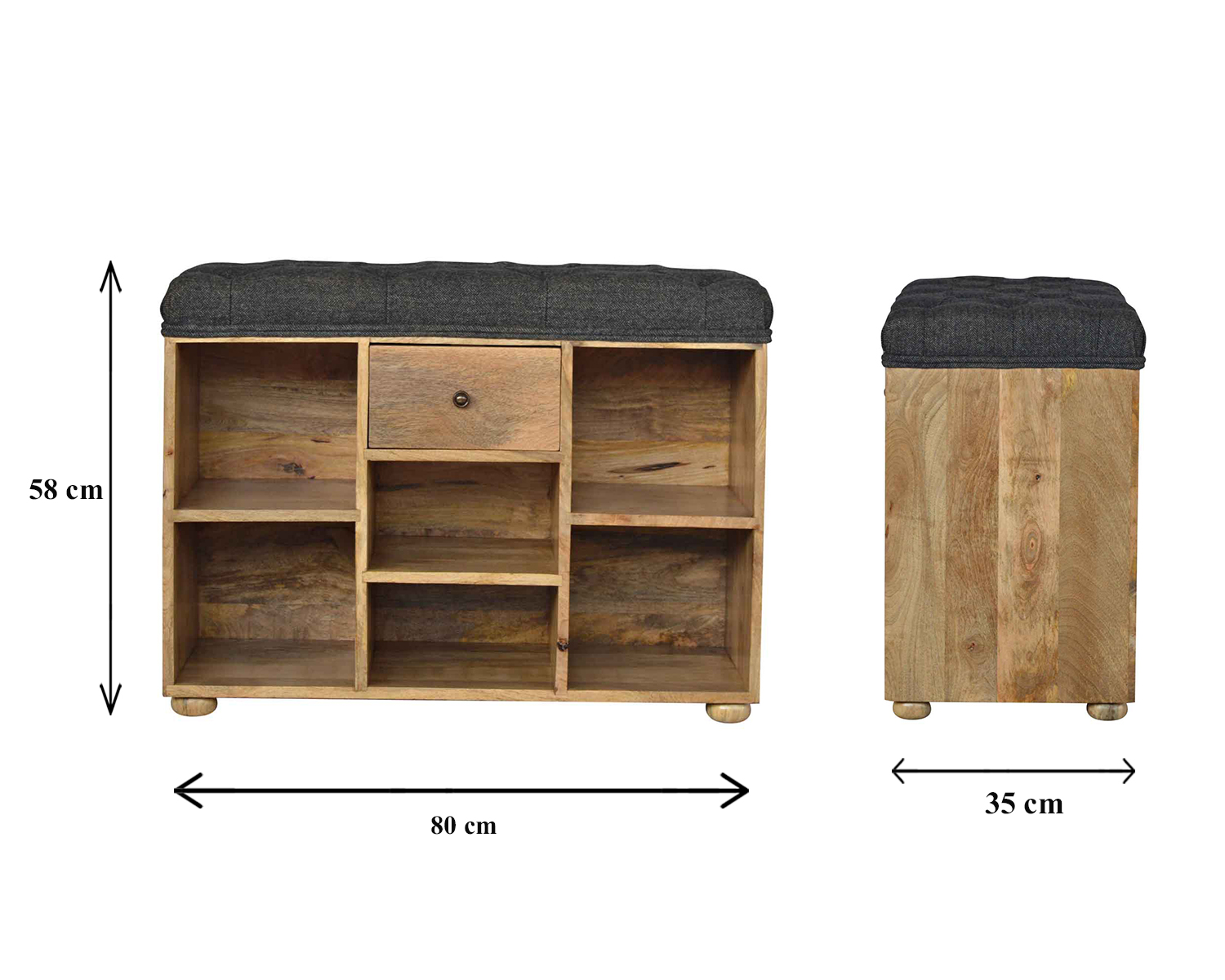 Size chart for Black Tweed 1-Drawer Bench