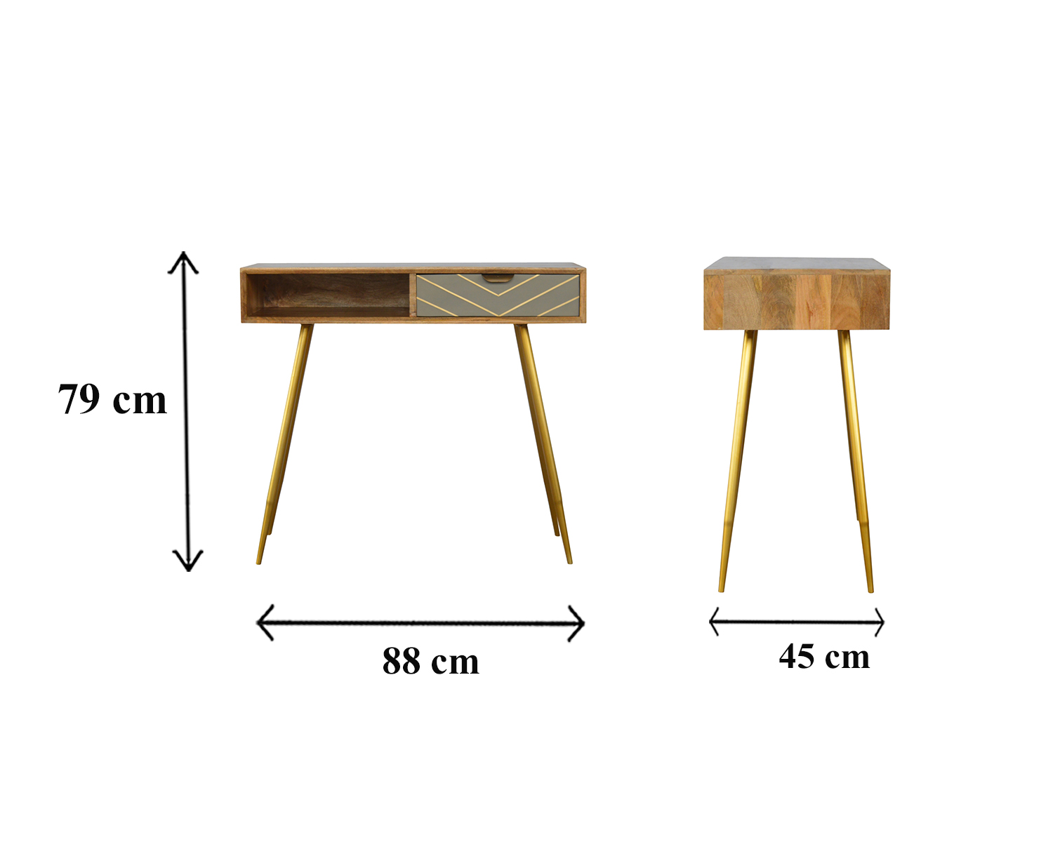 Size chart for Cement Brass Writing Desk | Oak-Ish Solid Mango Wood