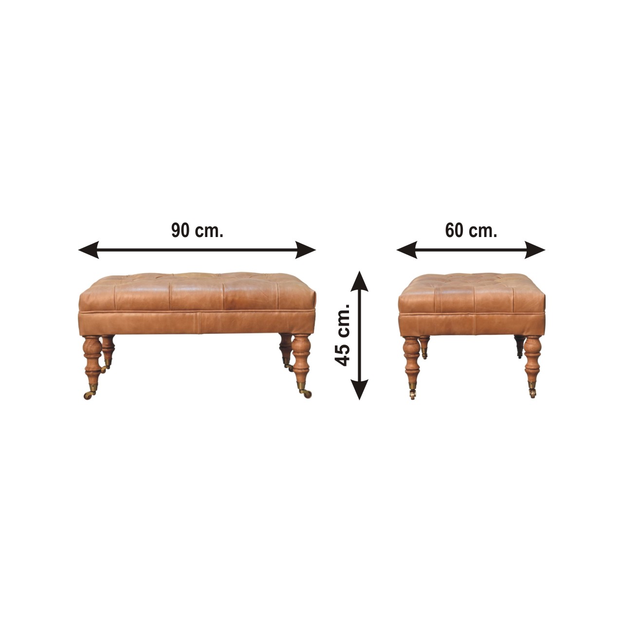 Size chart for Buffalo Tan Leather Ottoman with Castor Legs Storage Bench
