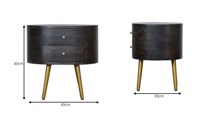 Size chart for Ash Black Bedside with Brass Legs Bedside Table