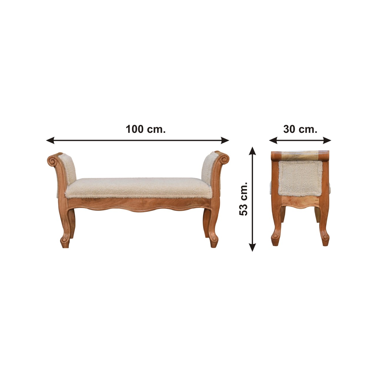Size chart for Cream Boucle French Style Bench
