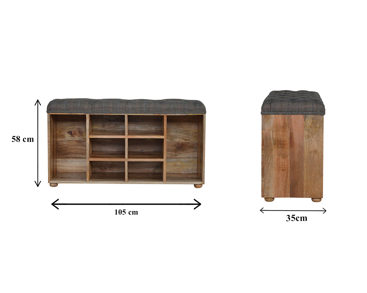 Size chart for Multi Tweed Open Shoe Storage Bench | Hidden Storage