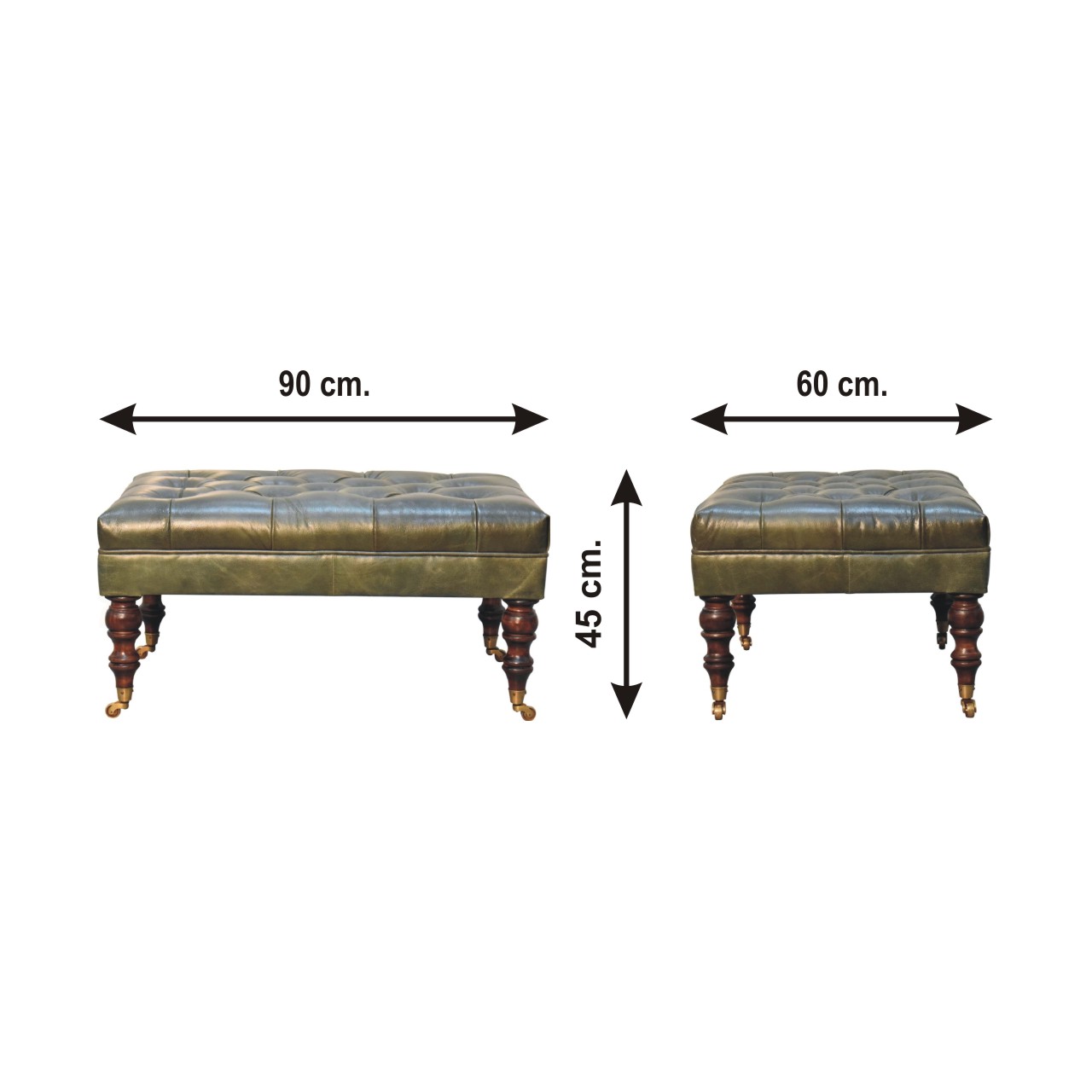 Size chart for Buffalo Green Leather Ottoman with Castor Legs Storage Bench