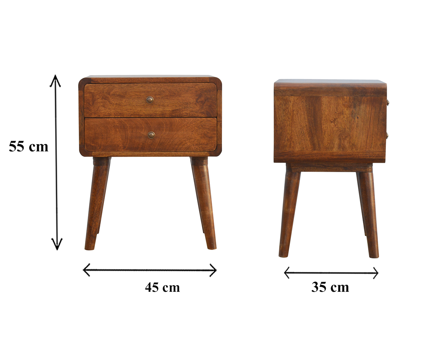Size chart for Curve Chestnut Cable Access Bedside Table