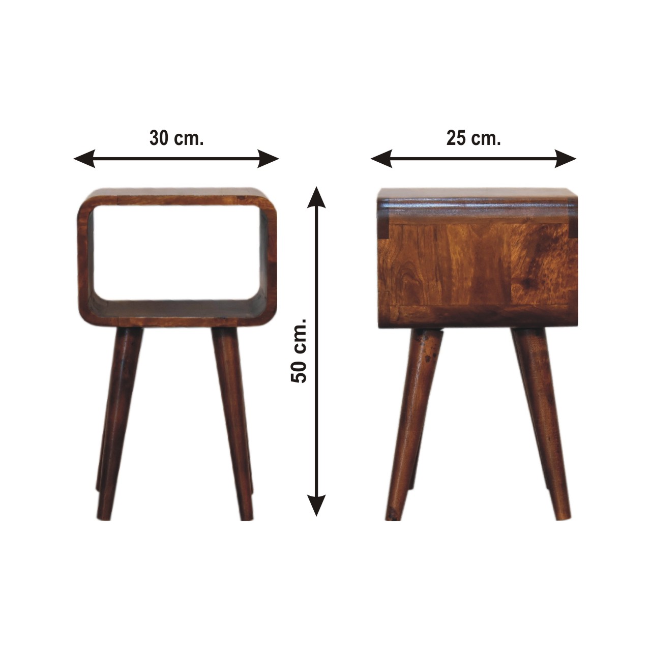 Size chart for Mini Chestnut Curved Open Bedside Table | Open Shelf