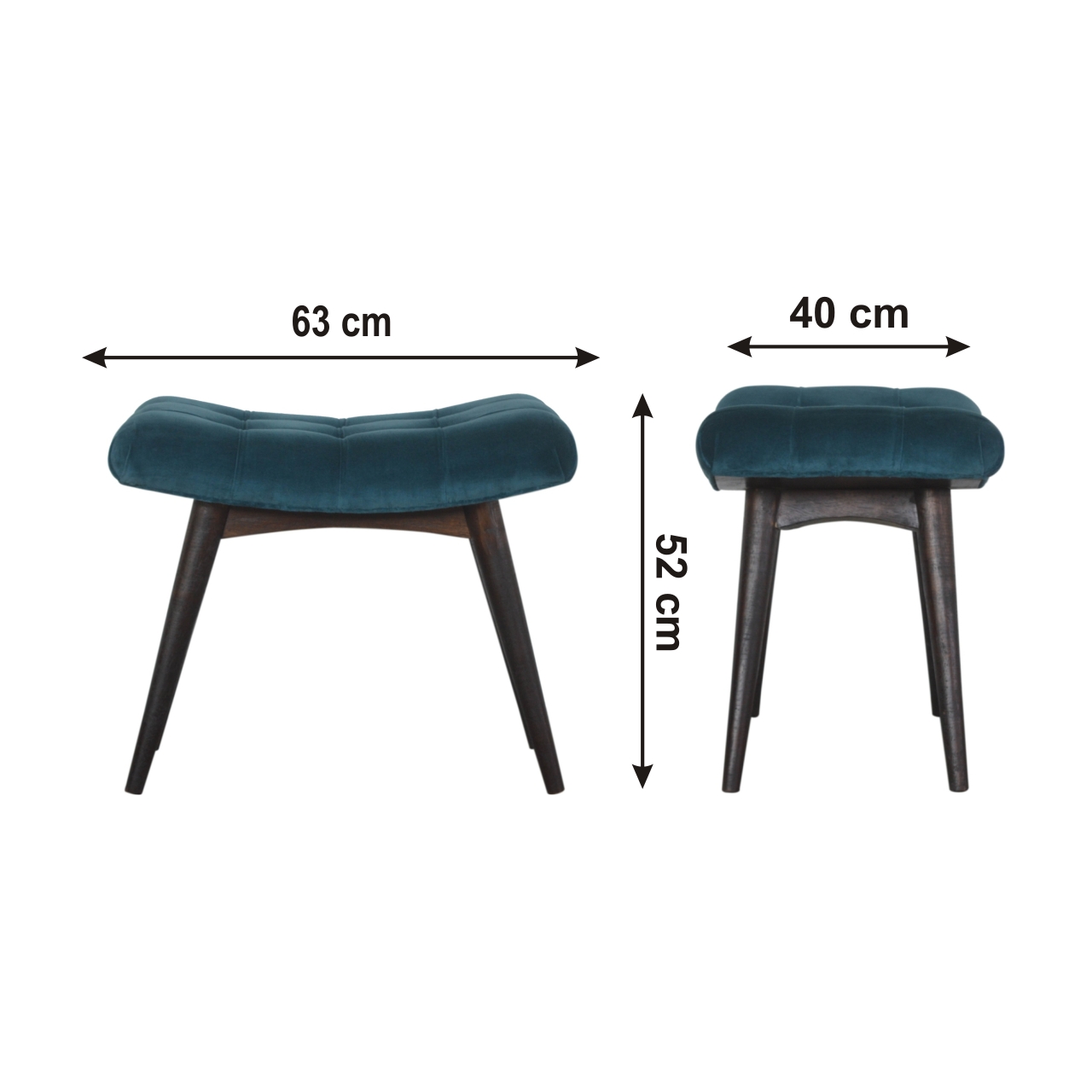 Size chart for Teal Cotton Velvet Curved Bench