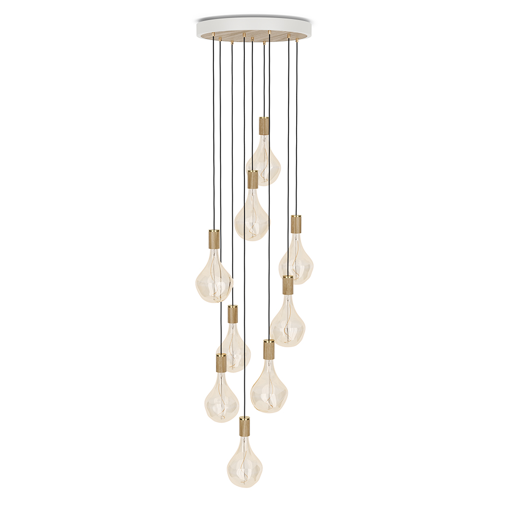 Large canopy white & oak, brass grip with 9 oak pendants & 9 Voronoi II EU