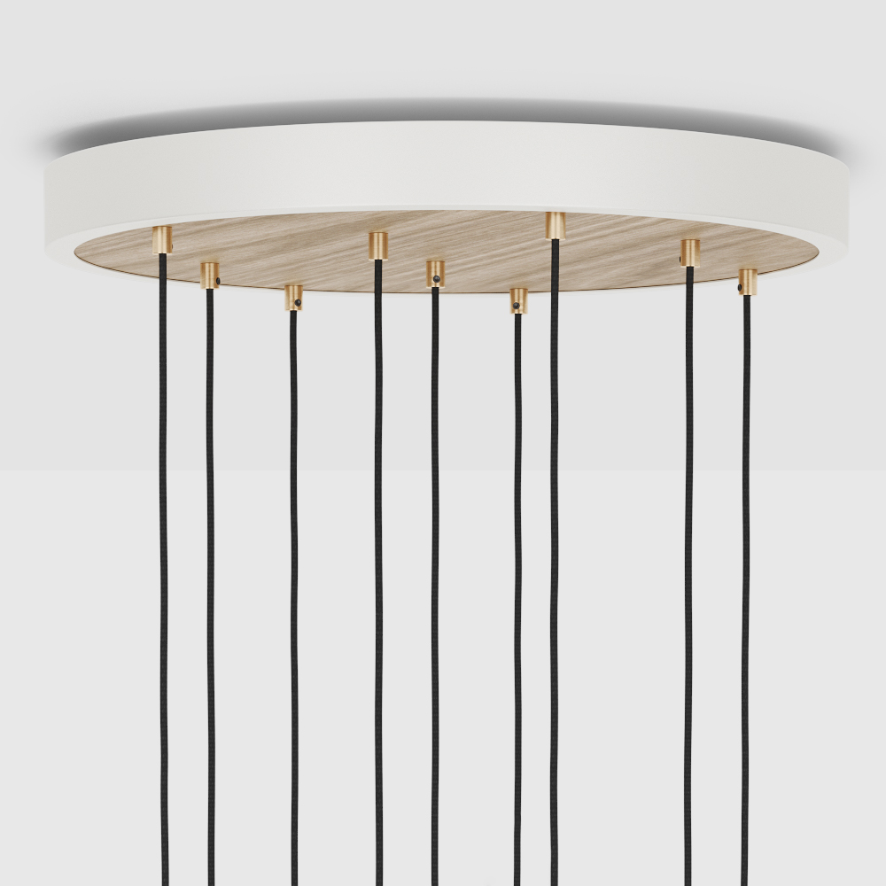 Large canopy white & oak, brass grip with 9 oak pendants & 9 Voronoi II EU