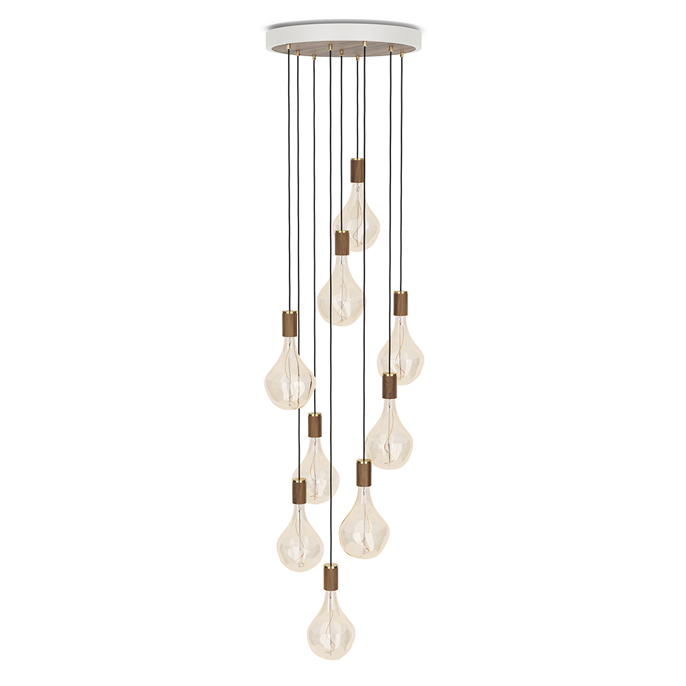 Large canopy white & walnut, brass grip with 9 walnut pendants & 9 Voronoi II EU