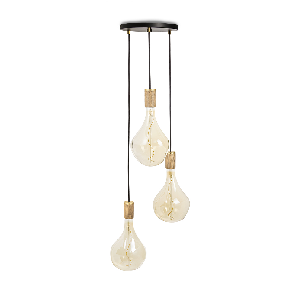 Small canopy black, brass grip with 3 oak pendants & 3 Voronoi II EU