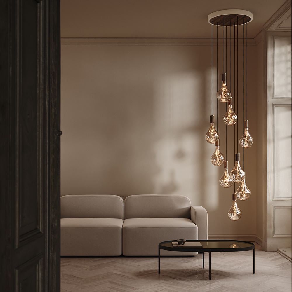 Large canopy white & walnut, brass grip with 9 walnut pendants EU