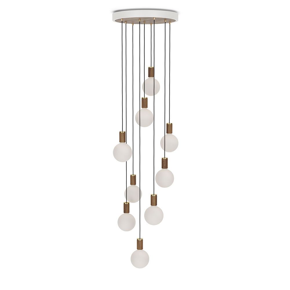 Large canopy white & walnut, brass grip with 9 walnut pendants & 9 Sphere IV EU