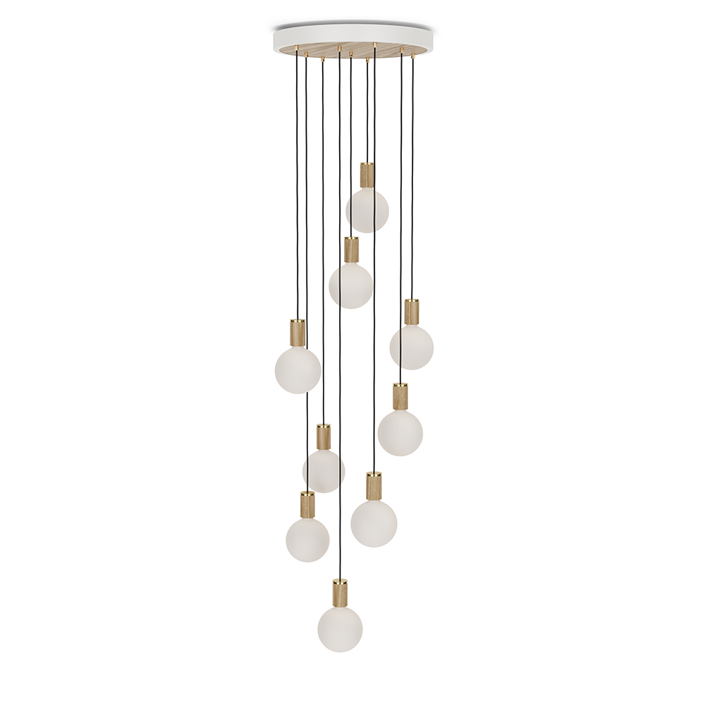 Large canopy white & oak, brass grip with 9 oak pendants & 9 Sphere IV EU