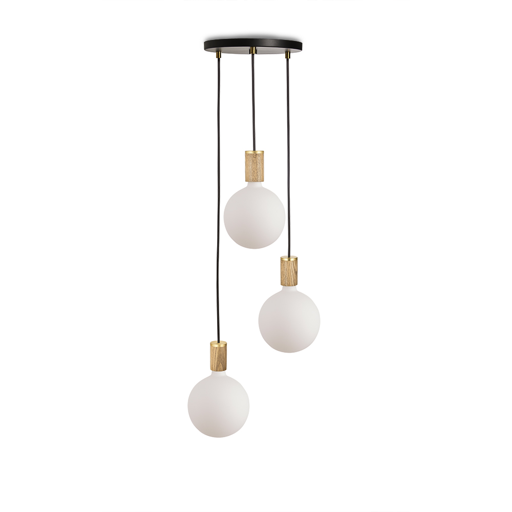 Small canopy black, brass grip with 3 oak pendants & 3 Sphere IV EU